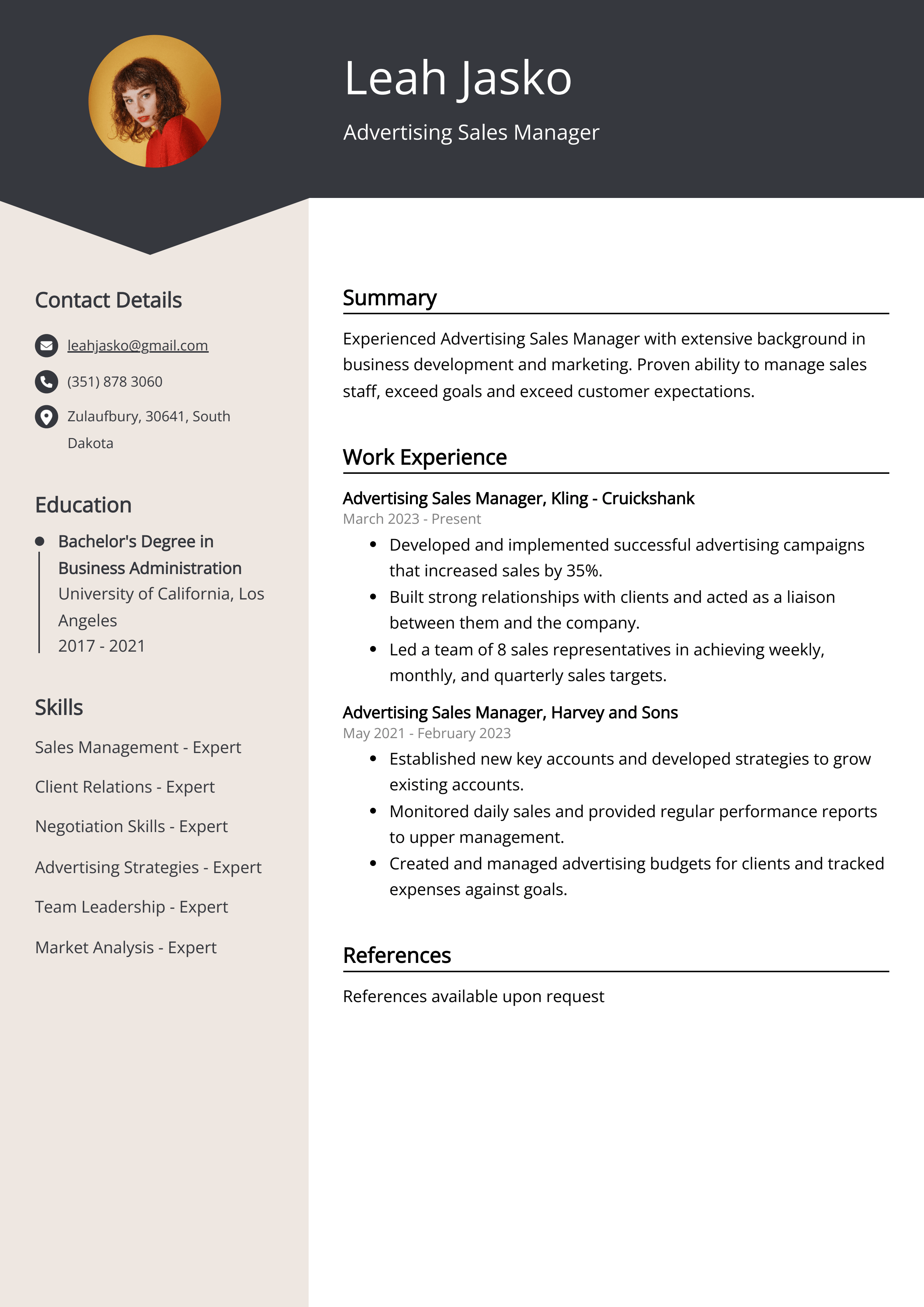 Advertising Sales Manager Resume Example (Free Guide)