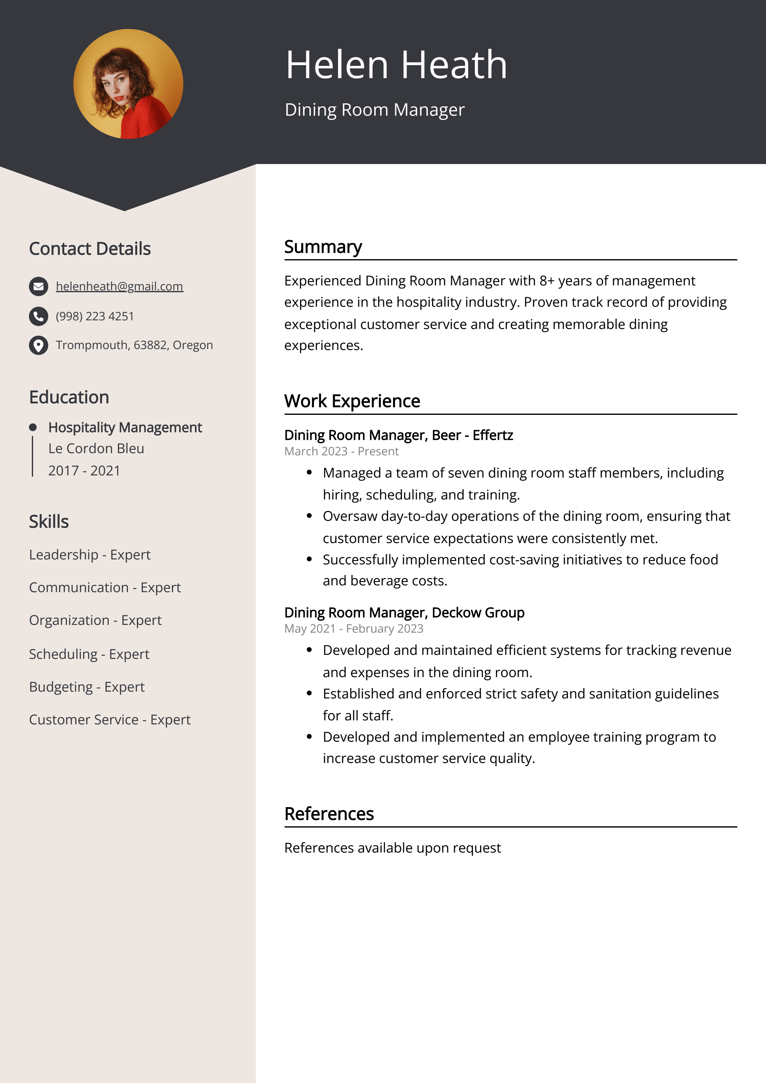 Dining Room Manager Resume Example (Free Guide)