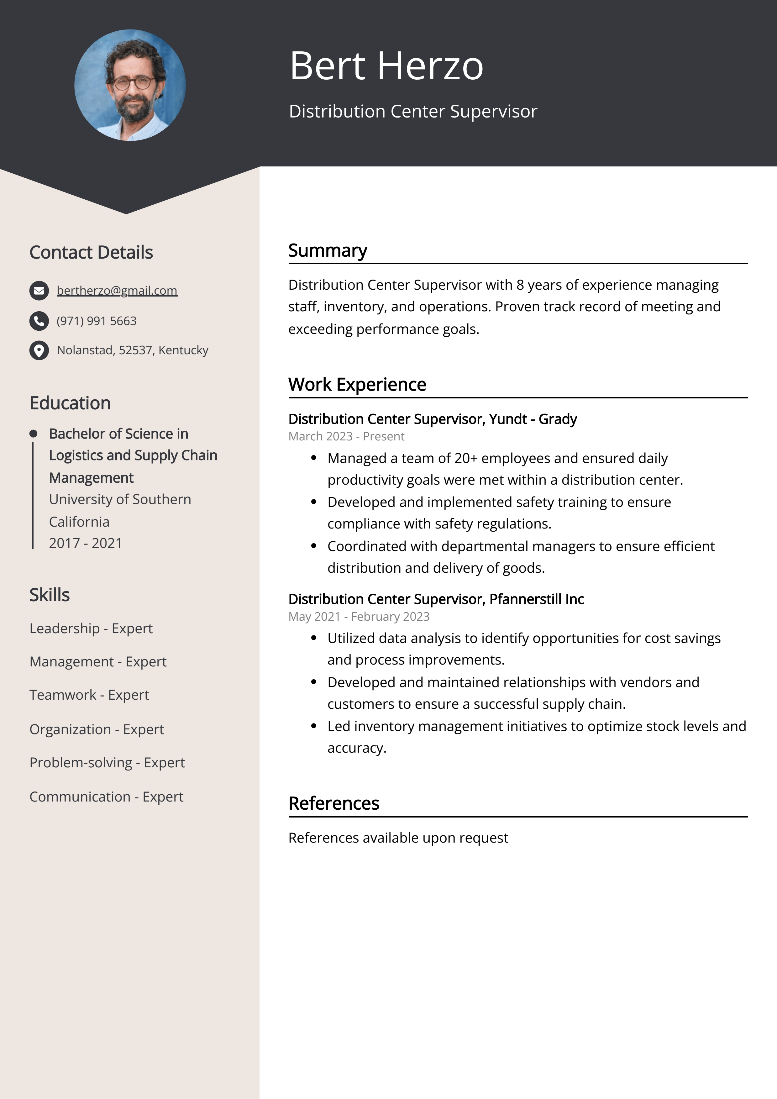 Distribution Center Supervisor Resume Example (Free Guide)