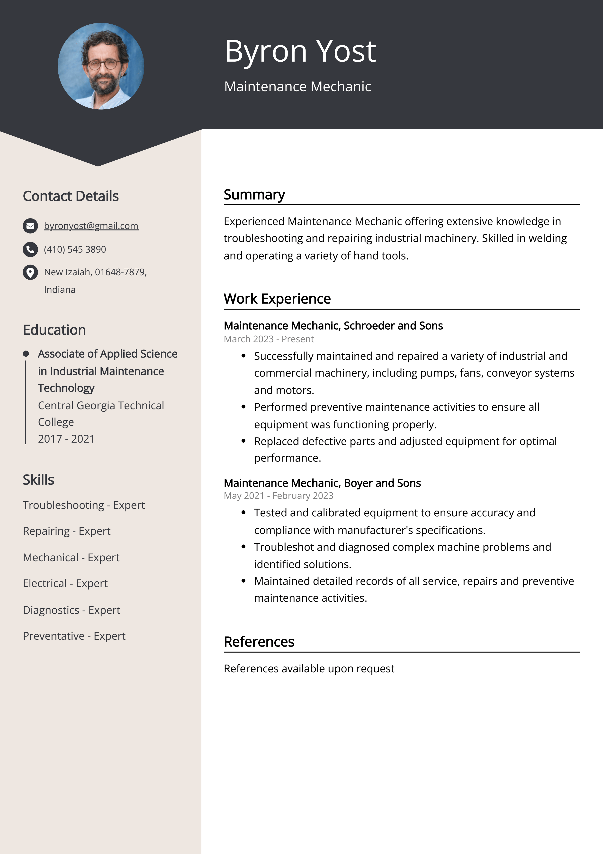 Maintenance Mechanic CV Job Description, Sample & Guide
