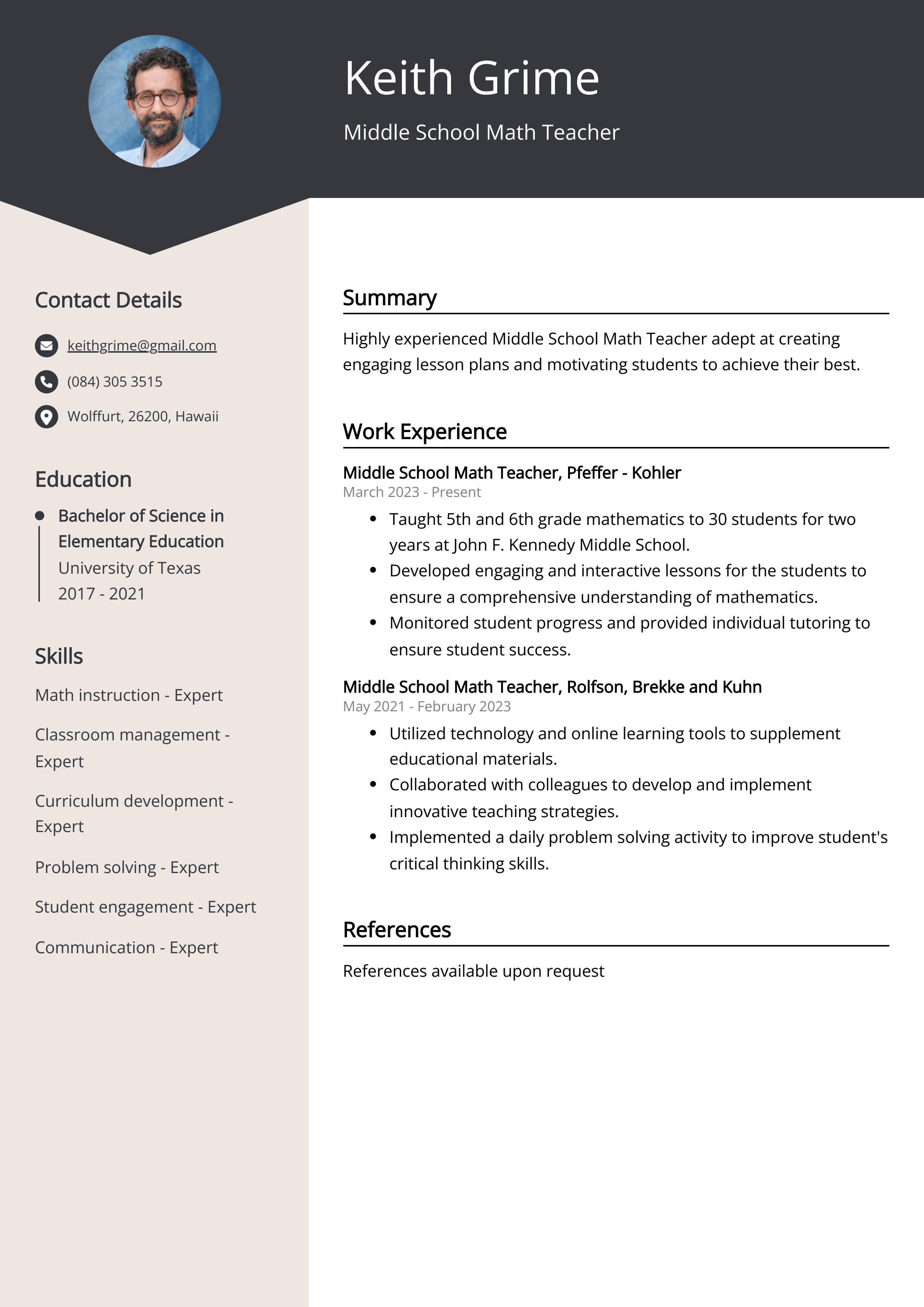 Middle School Math Teacher CV Job Description, Sample & Guide