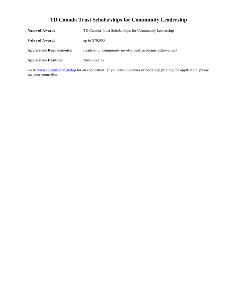 TD Canada Trust Scholarships for Community Leadership