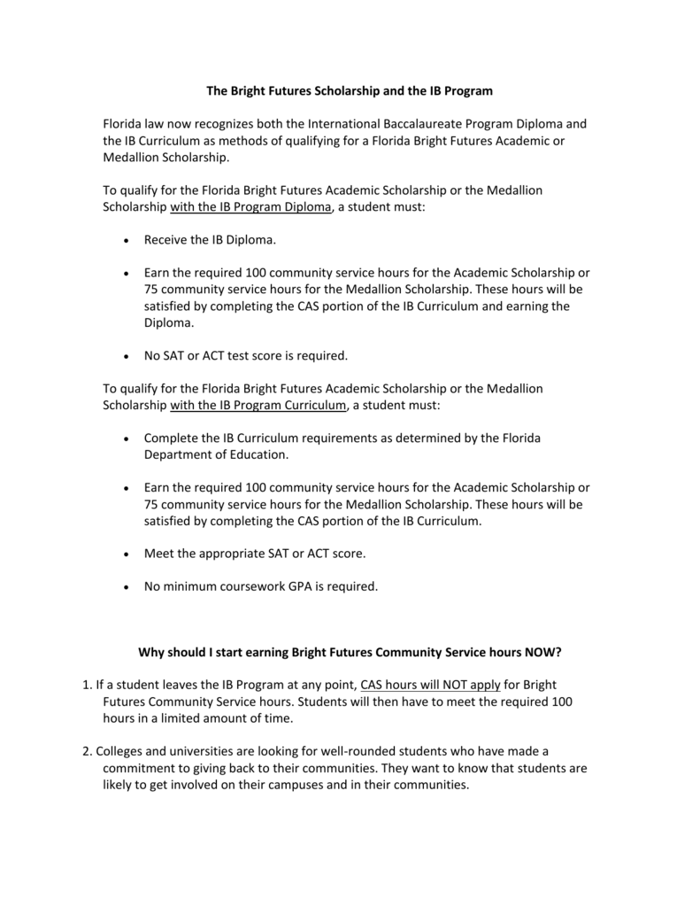 The Bright Futures Scholarship and the IB Program Florida law now