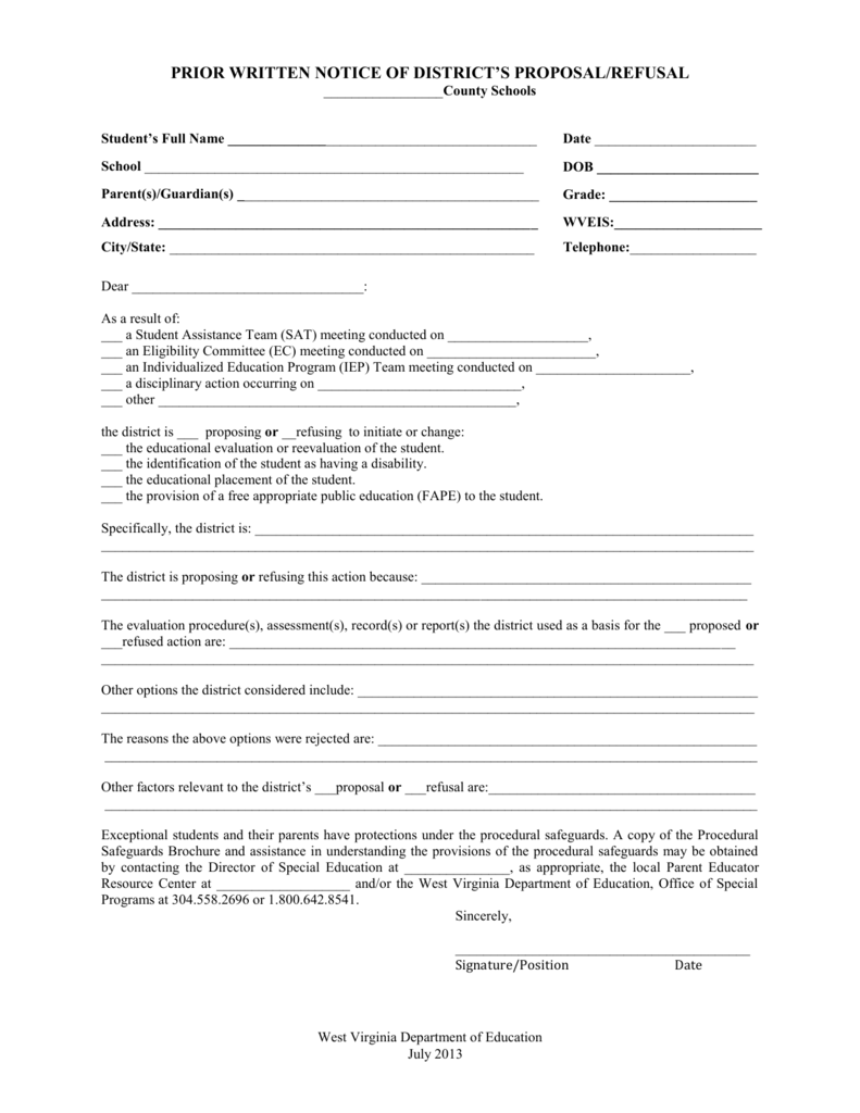 Prior Written Notice PWN West Virginia Department of Education