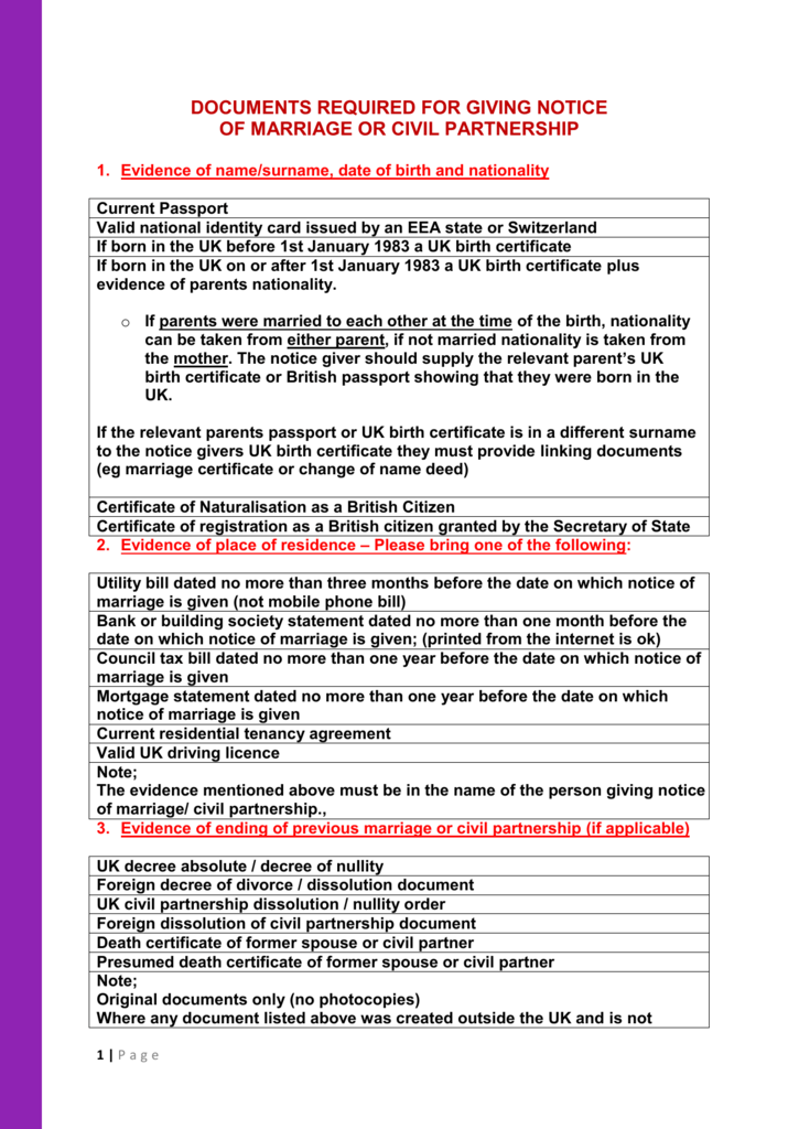 documents required for giving notice of marriage or civil partnership