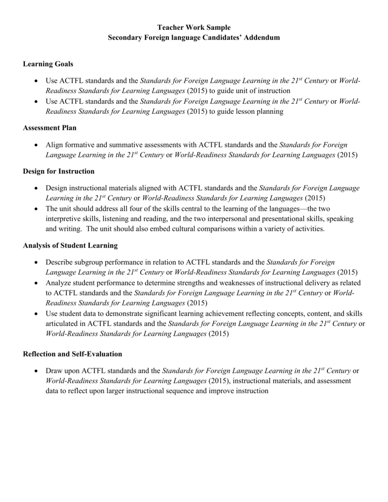 Teacher Work Sample Secondary Foreign language Candidates