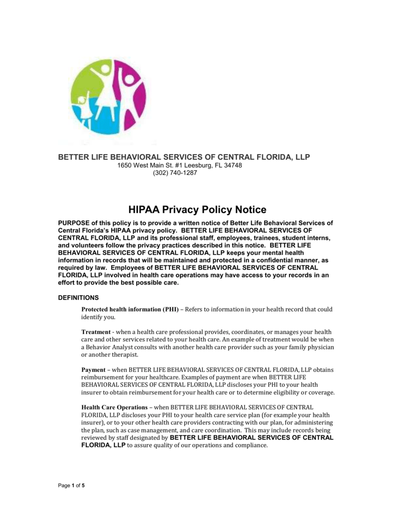 HIPAA Privacy Policy Notice Better Life of Central Florida