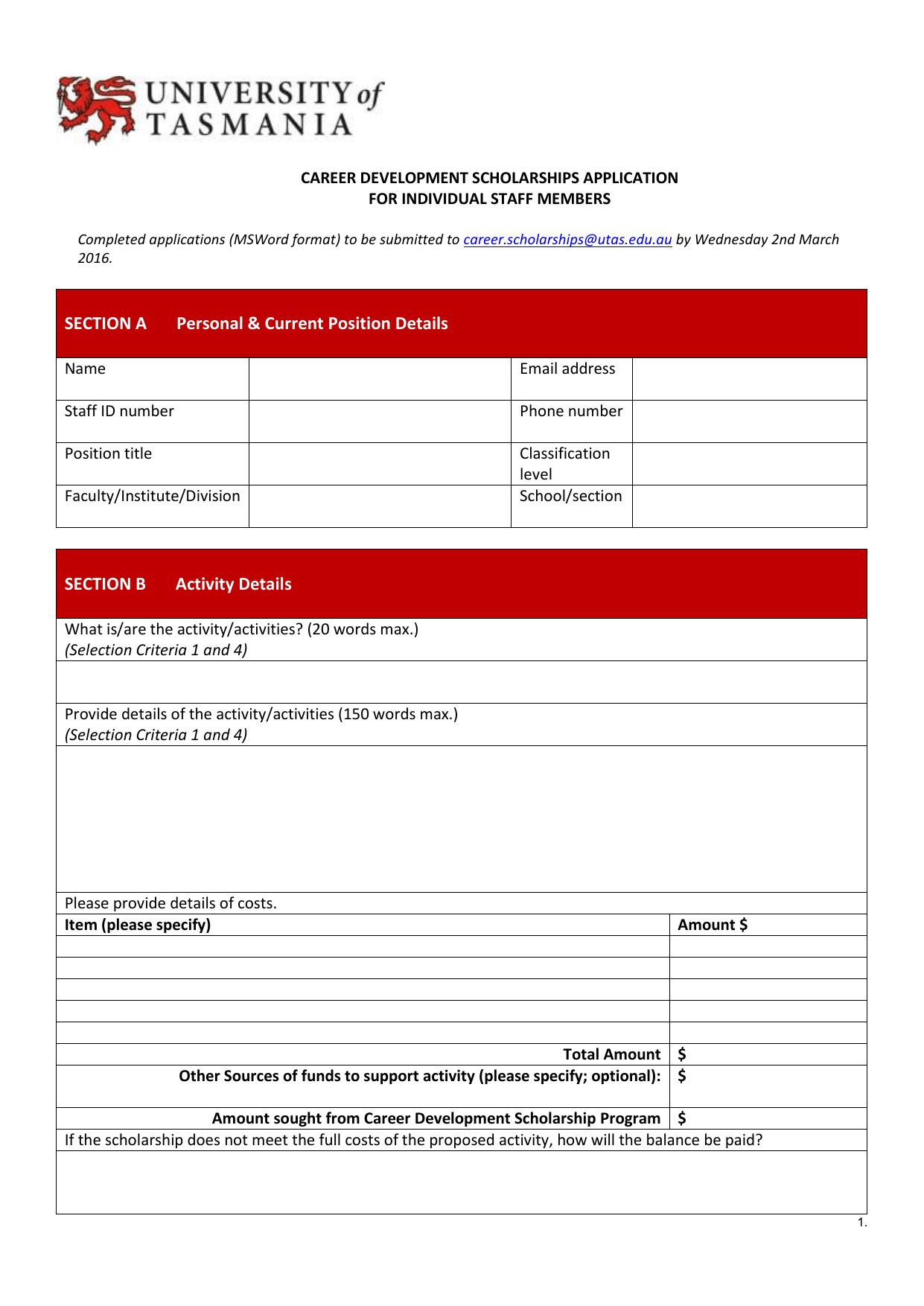Application Form Individual Career Development Scholarship 2016