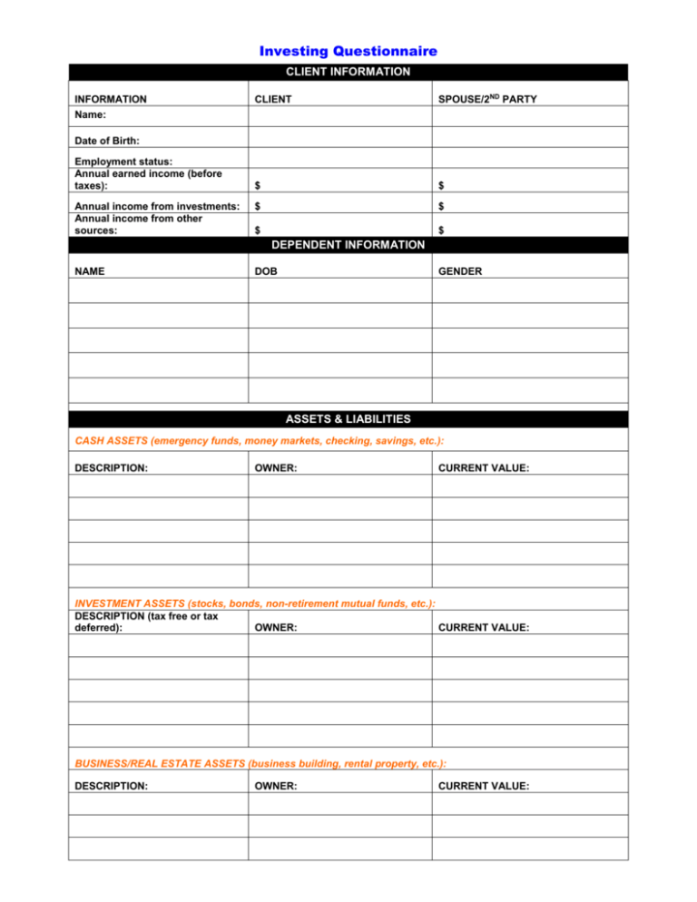 Investing Questionnaire