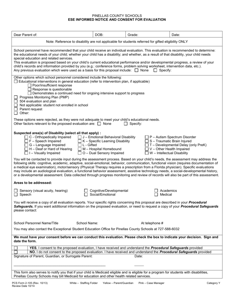 PINELLAS COUNTY SCHOOLS ESE INFORMED NOTICE AND