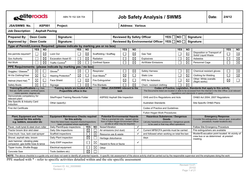 JSA/SWMS Elite Roads