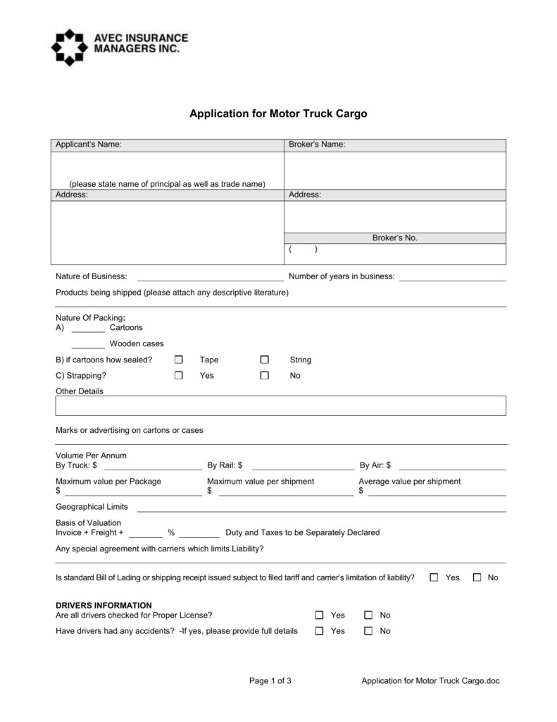 Application for Motor Truck Cargo