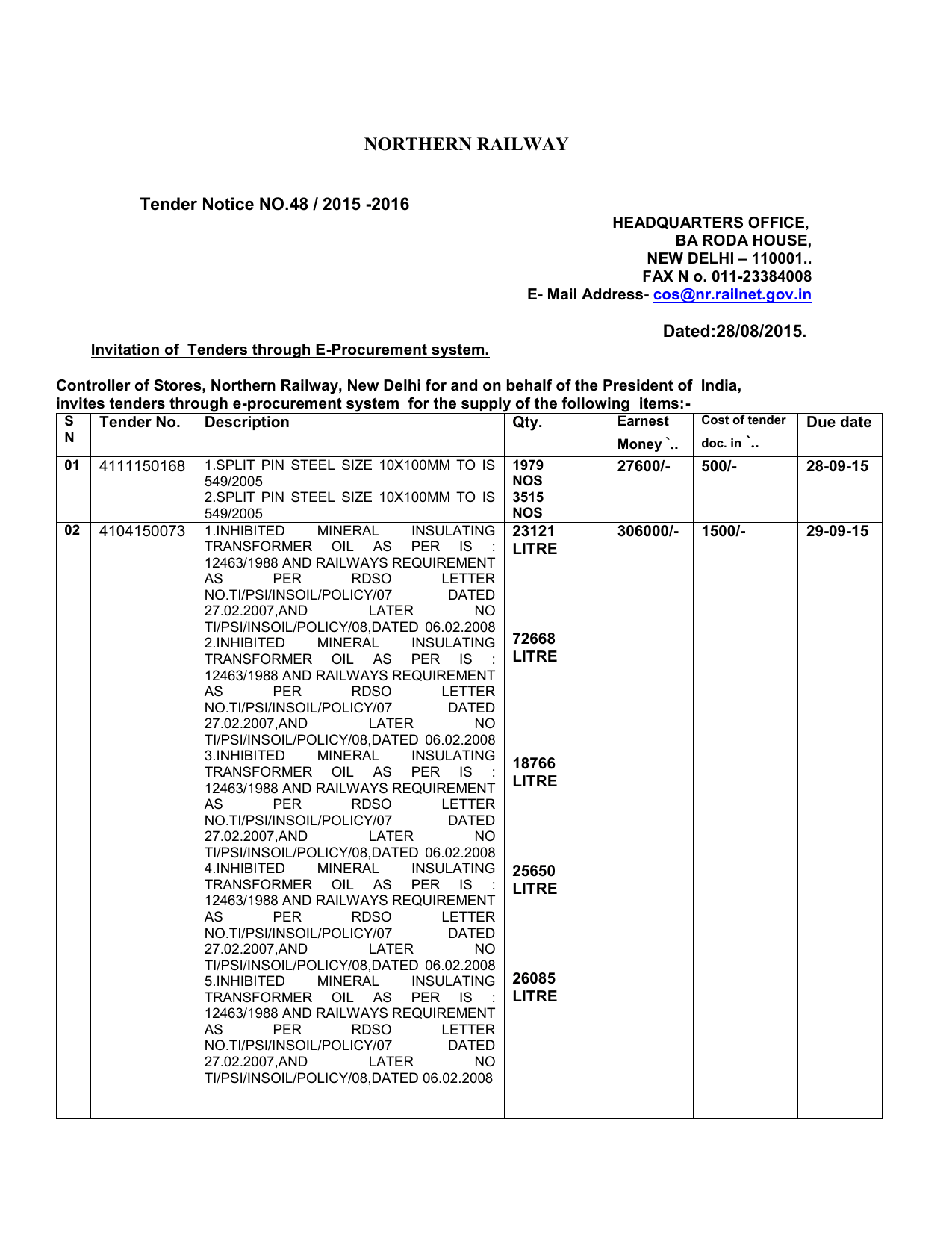 Tender Notice Northern Railway
