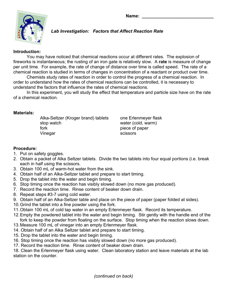 🌷 Factors affecting reaction rates lab. Lab Report Exp. 1. 20221022