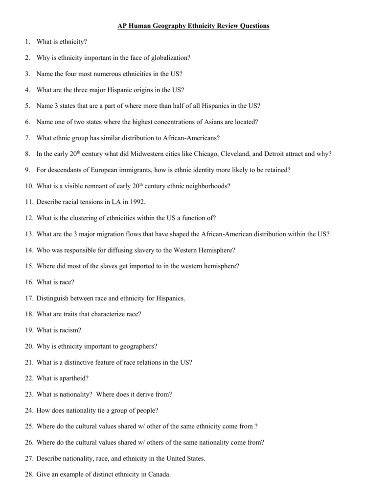 AP Human Geography Ethnicity Chapter 7 (Rubenstein) Questions
