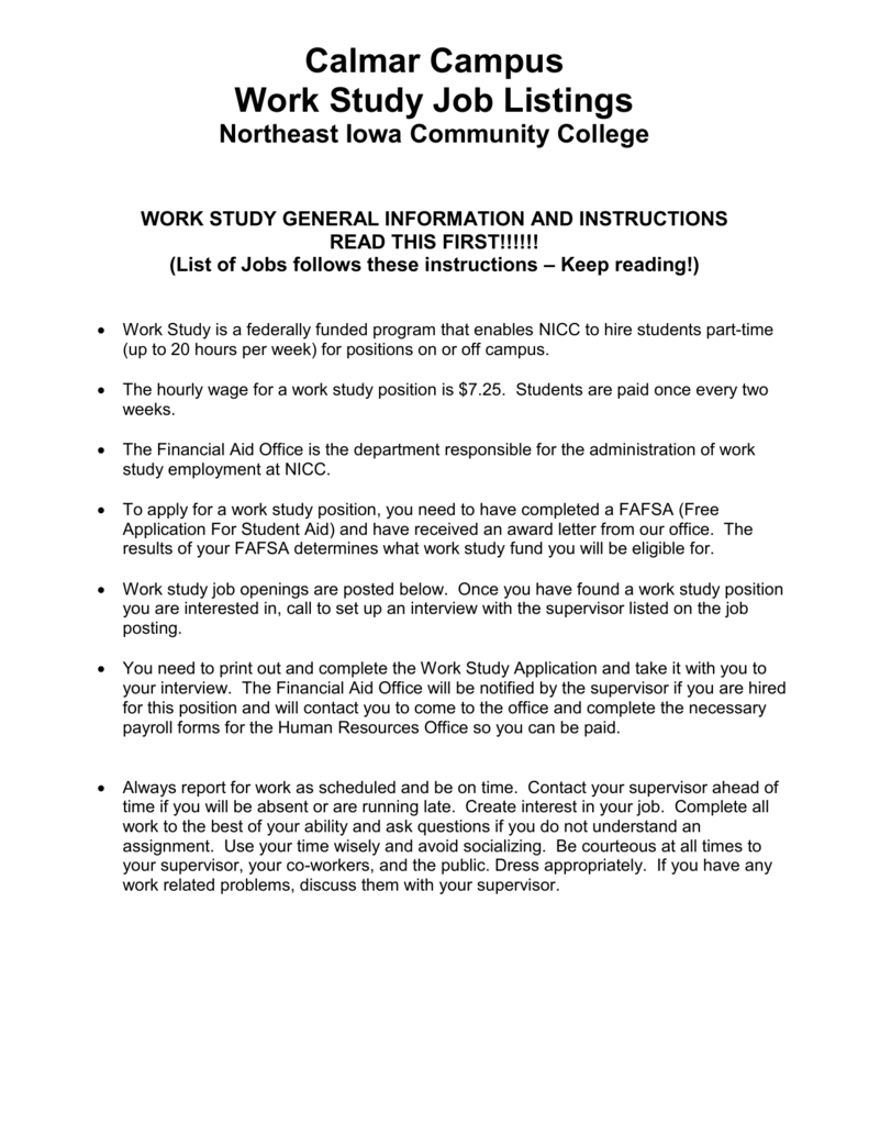 work study jobs examples Dayle Klinger