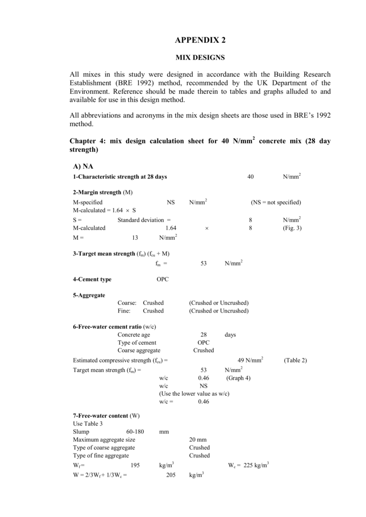 Chapter 4 mix design calculation sheet for 40 N/mm2 concrete mix