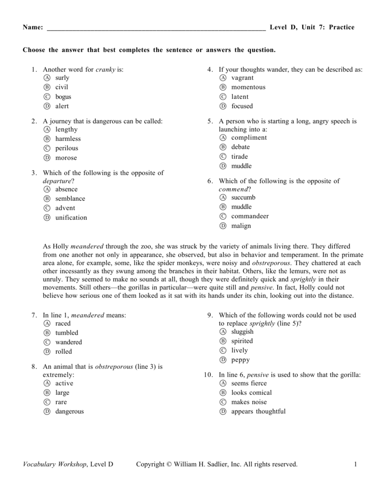 Bestseller Sadlier Vocabulary Level D Unit 2 Answers Completing The Sentence