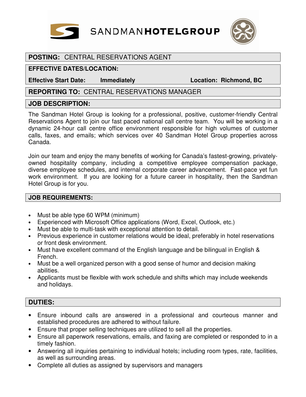 central reservations agent reporting to central reservations manager