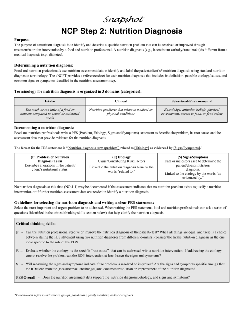 NCP Step 2 Nutrition Diagnosis