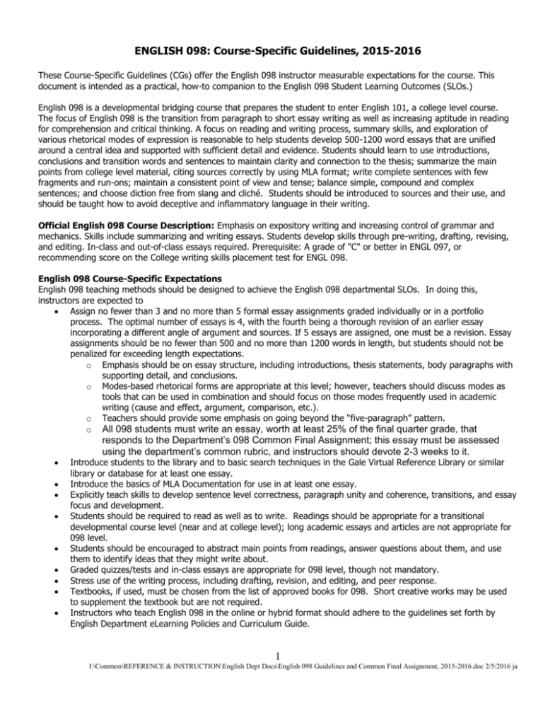 English 098 Guidelines and Common Final