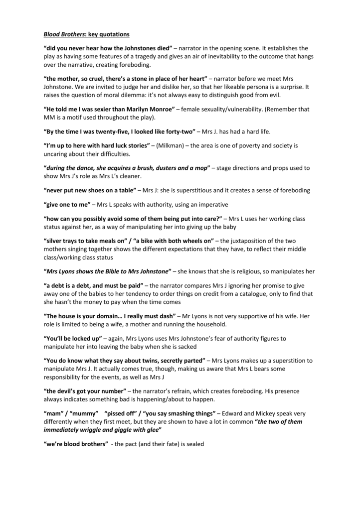Blood Brothers key quotations