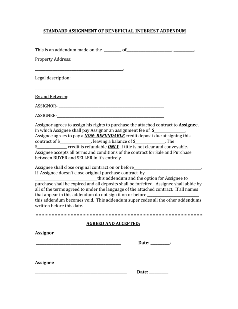 STANDARD ASSIGNMENT OF BENEFICIAL INTEREST