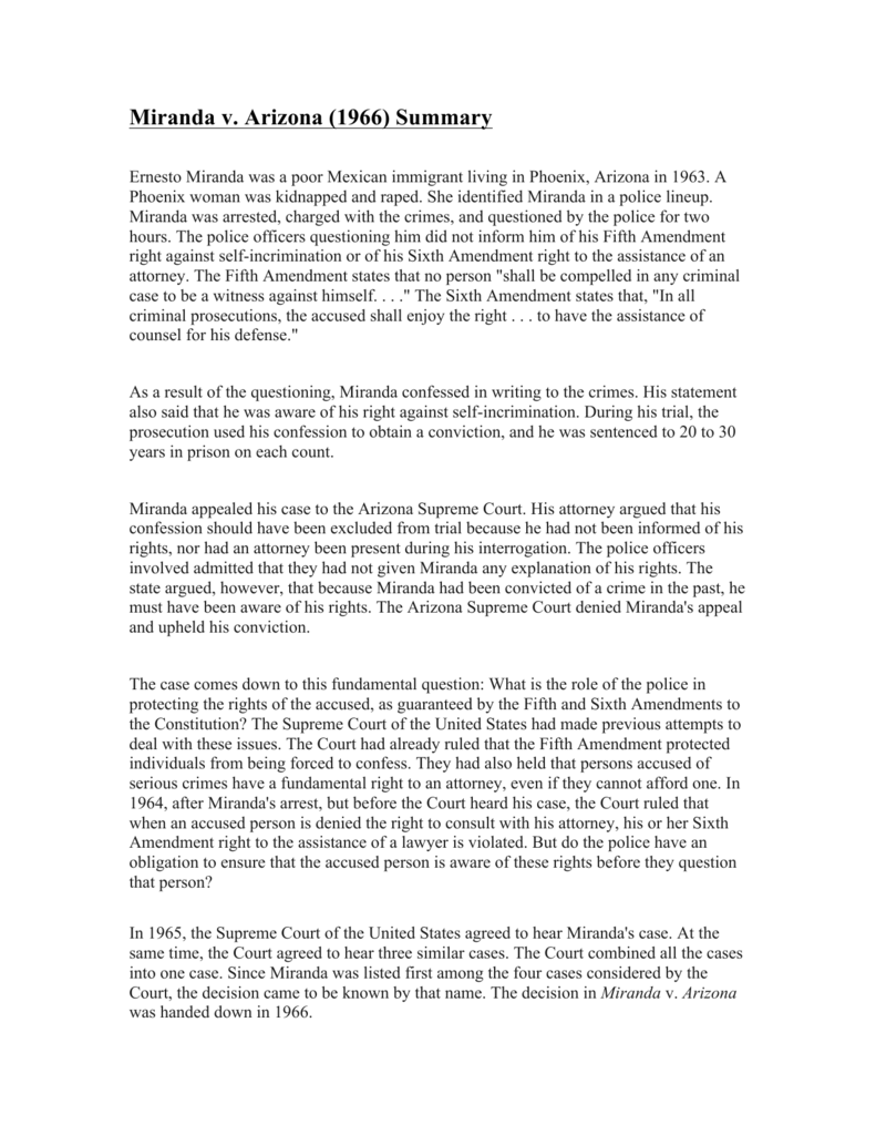 Miranda V. Arizona (1966) Summary