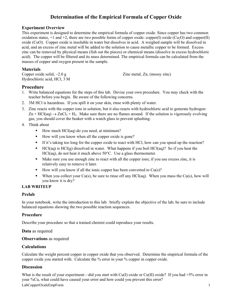 Determination of the Empirical Formula of Copper Oxide