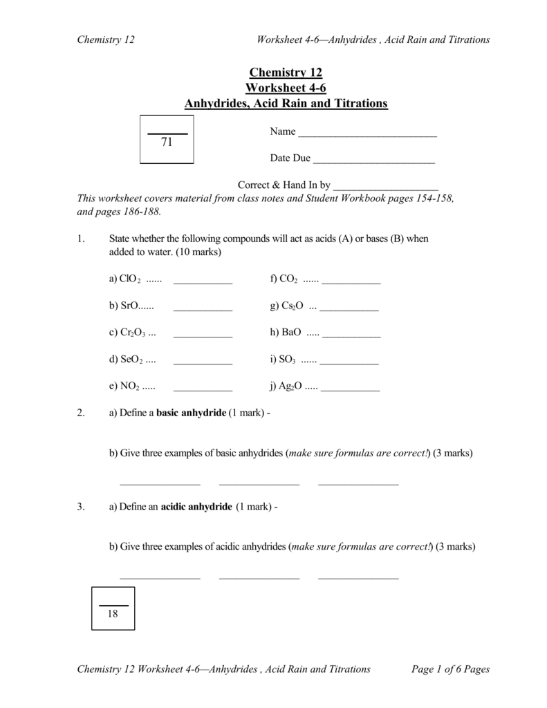 Chemistry 12 Worksheet 46 Anhydrides, Acid Rain and Titrations 71