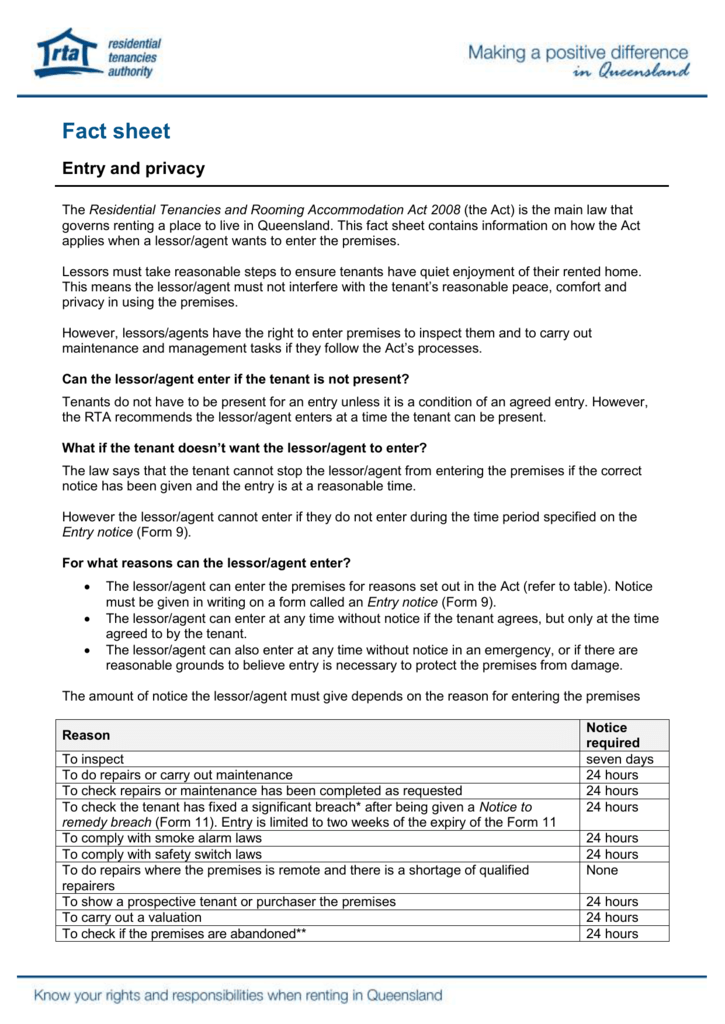Fact sheet Residential Tenancies Authority