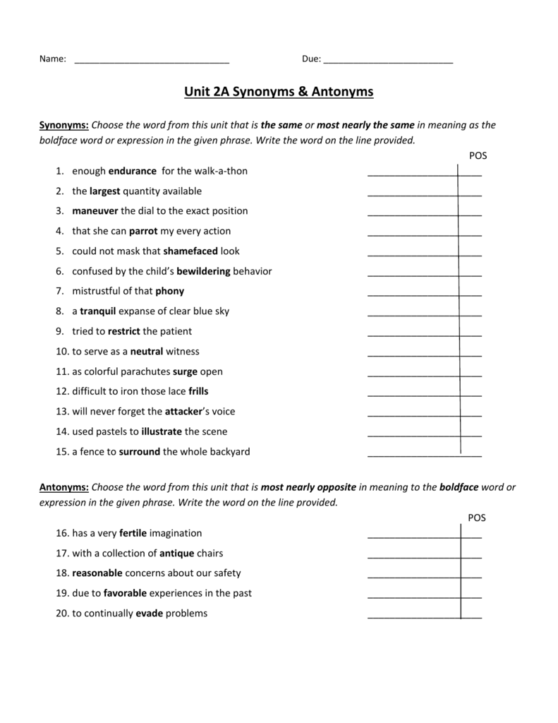 Unit 2A Synonyms & Antonyms