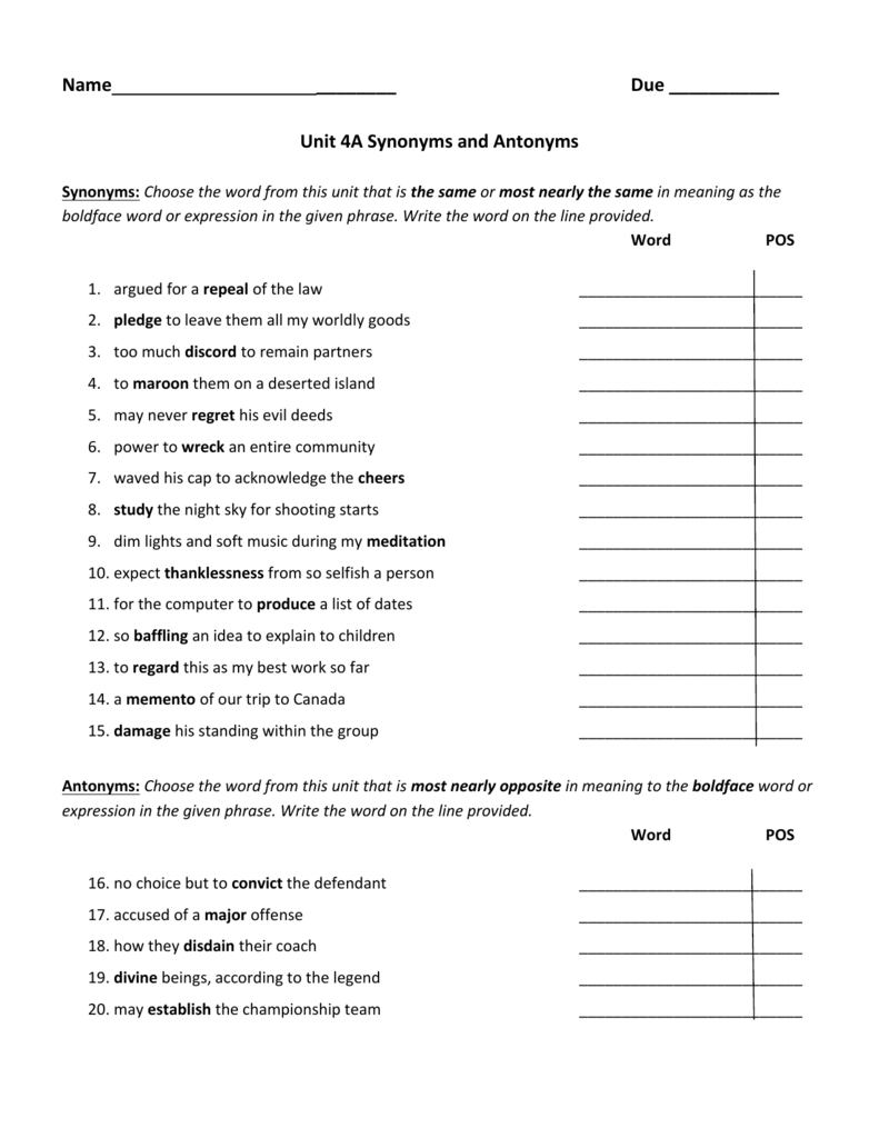Name ______ Due ______ Unit 4A Synonyms and Antonyms