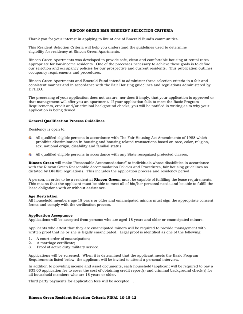 Resident Selection Criteria Word Format