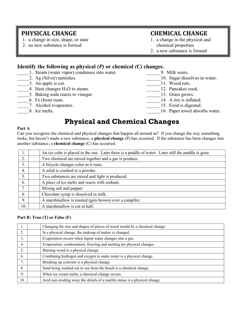Physical And Chemical Properties And Changes Worksheet Answers Part B