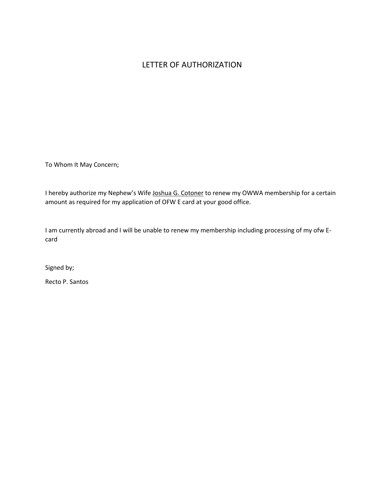 Authorization Letter For Id Card