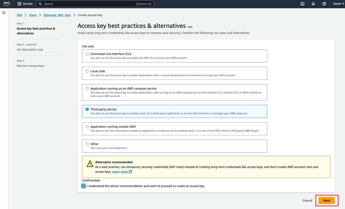 Access Keys with IAM User Method OpsRamp Documentation
