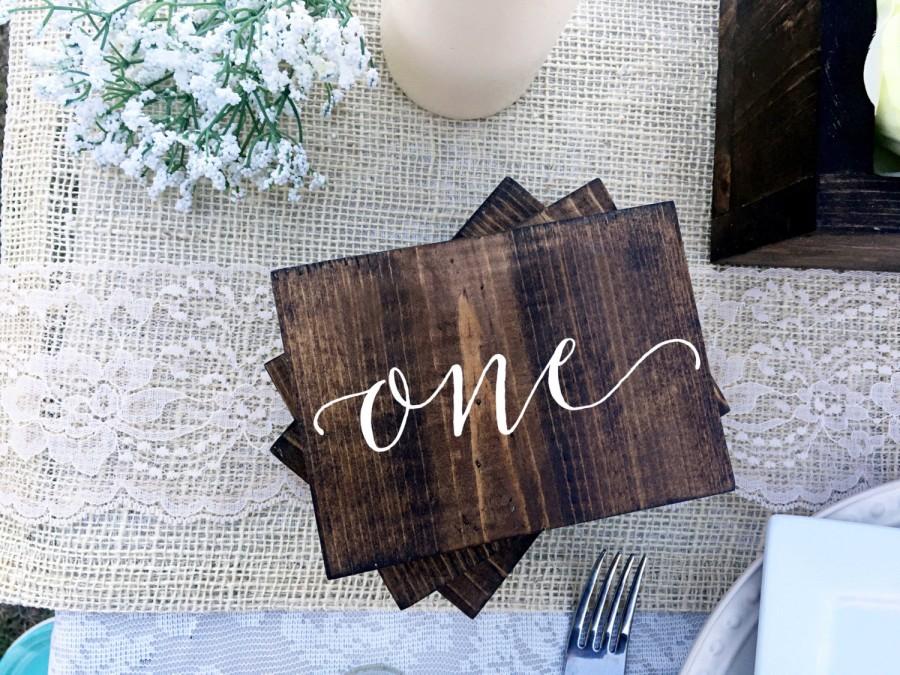 Wedding Double Sided Table Numbers, Script, Cursive Wooden Table