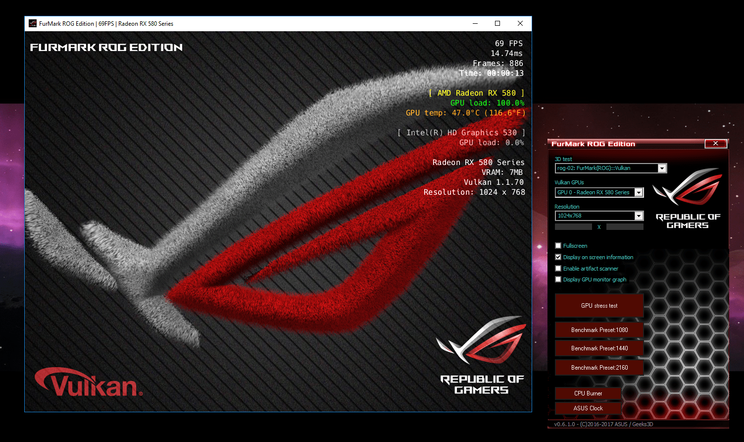 FurMark ROG Edition Vulkan test artifacts on RX580