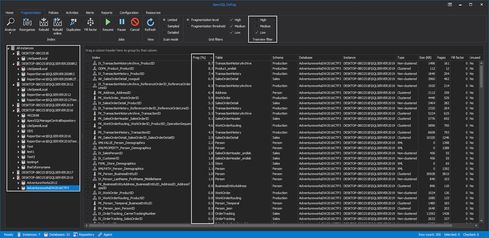Scan for SQL Server instance index fragmentation percentage level