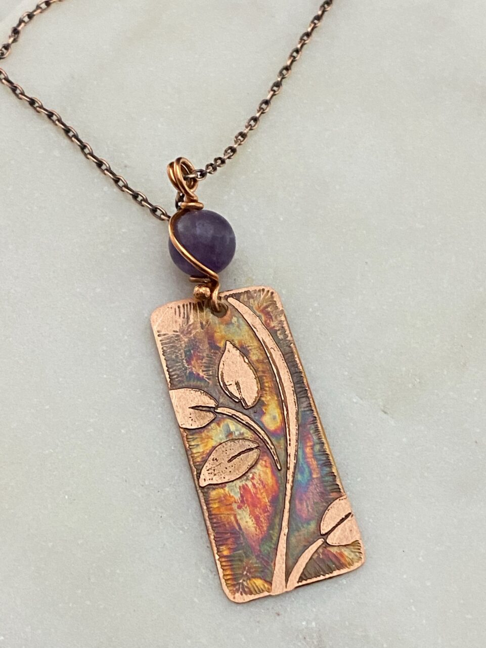 Acid etched copper leaf necklace with amethyst gemstone Shop Iowa