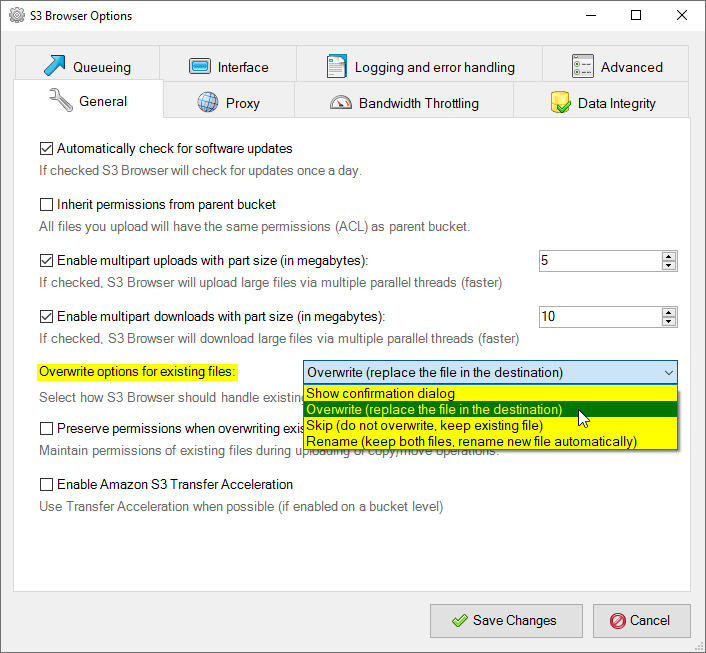 How to configure S3 Browser to handle existing files. Overwrite, Skip