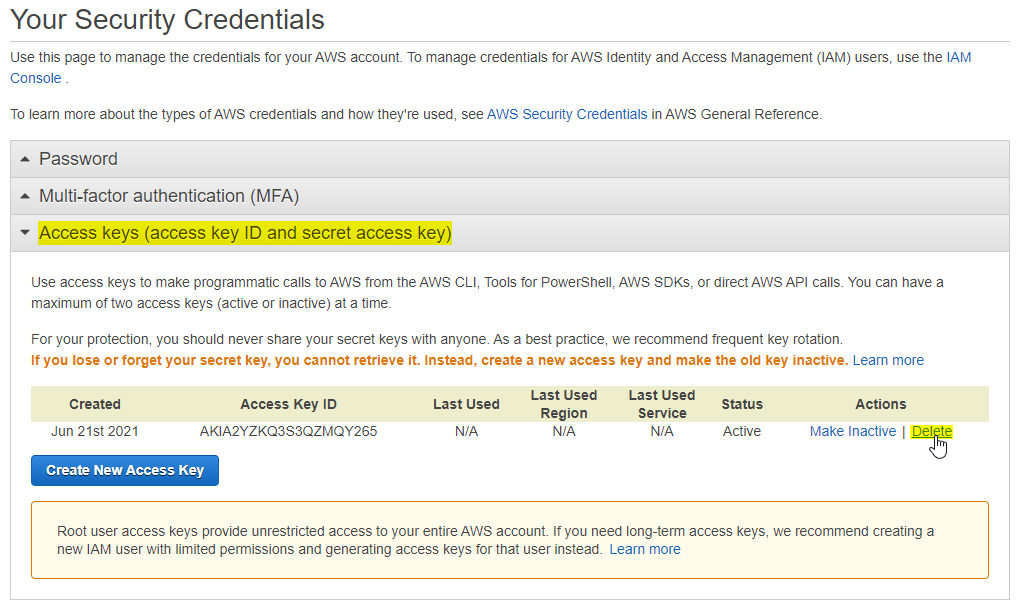 Access Key Id and Secret Access Key. How to retrieve your AWS Access