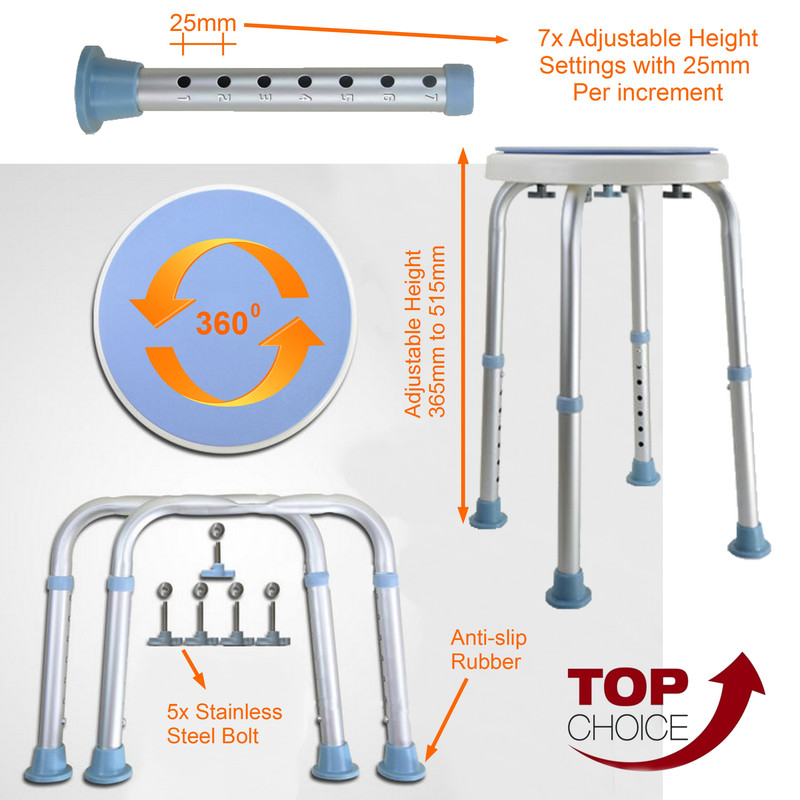 REHAB / AGED CARE ROTATING SWIVEL ROUND BATH SHOWER STOOL HEIGHT
