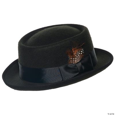 Adult's Black Pork Pie Hat with Feather Halloween Express