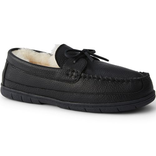 Men's Leather Moccasin Slippers with Shearling Lining Lands' End