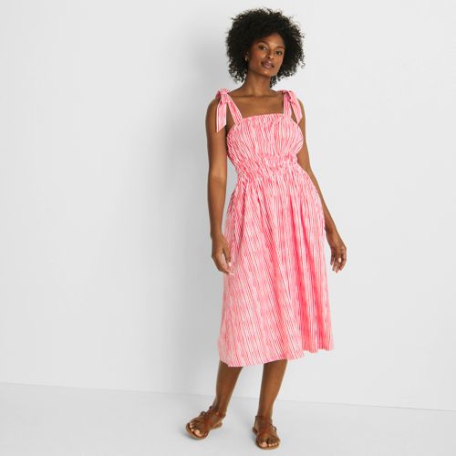 Robe Midi en Coton avec Bretelles à Nouer, Femme Stature Standard