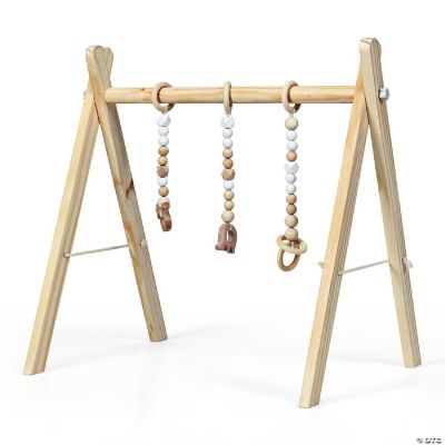 Costway Foldable Wooden Baby Gym with 3 Wooden Teething Toys Hanging
