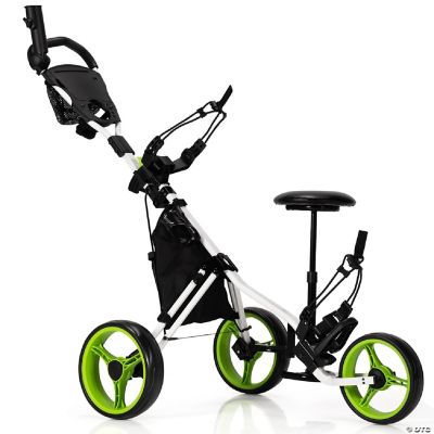 3Wheel Foldable Golf Push Pull Cart Trolley w/ Seat Adjustable Handle