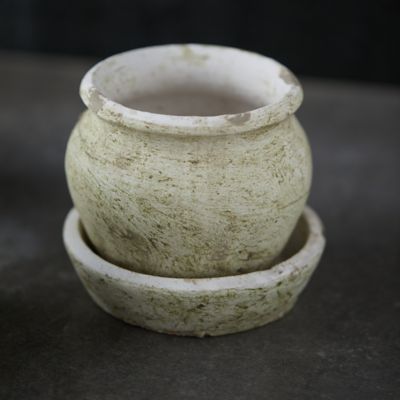 Earth Fired Clay White Curve Pots + Saucers, 3 Sizes Set Terrain